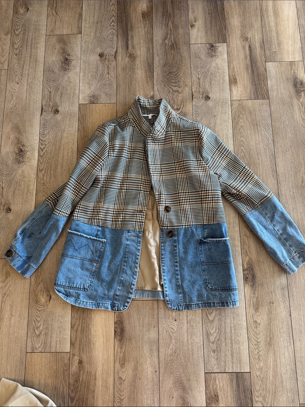 Checked & Denim Patchwork Jacket - Black/White/Tan